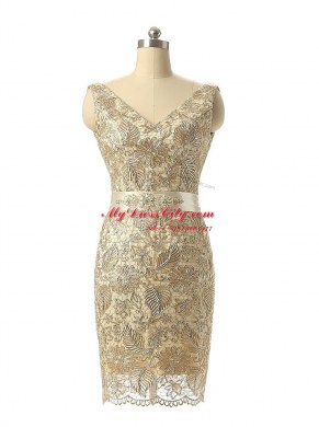 Glittering Champagne Lace Zipper V-neck Sleeveless Mini Length Prom Evening Gown Beading and Lace