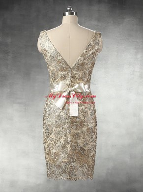 Glittering Champagne Lace Zipper V-neck Sleeveless Mini Length Prom Evening Gown Beading and Lace