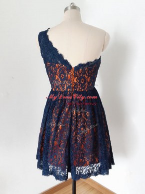 Superior A-line Prom Dress Navy Blue One Shoulder Lace Sleeveless Knee Length Zipper