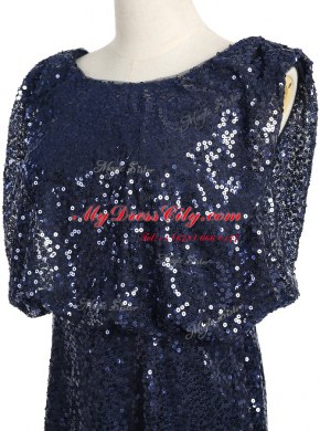 High End Scoop Sleeveless Sequined Floor Length Zipper Homecoming Dress in Navy Blue with Sequins