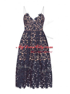 Spaghetti Straps Sleeveless Prom Party Dress Tea Length Lace Navy Blue Lace