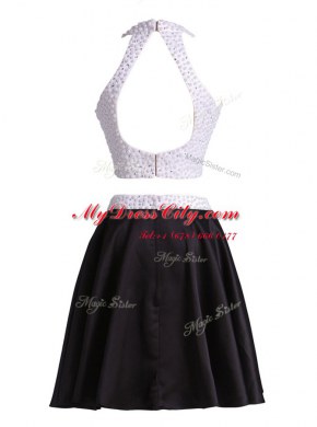 Affordable Halter Top Black Satin Zipper Sleeveless Mini Length Beading