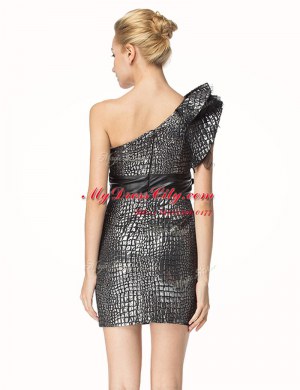 Wonderful Black Column/Sheath Satin One Shoulder Sleeveless Ruffles and Sashes ribbons Mini Length Zipper Prom Dresses