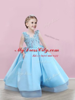 Baby Blue Sleeveless Satin Lace Up Prom Gown for Prom and Party