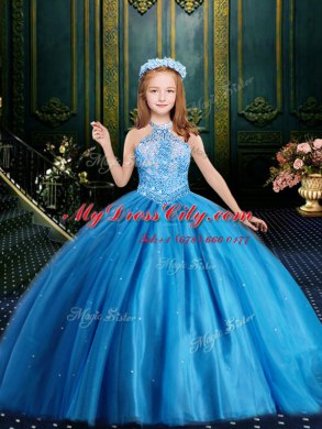 Baby Blue Halter Top Lace Up Beading and Sequins Party Dress Wholesale Sleeveless