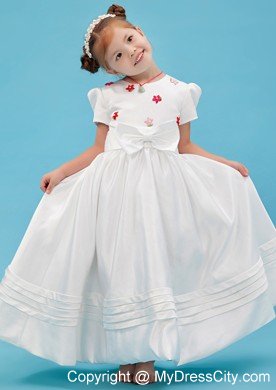 White Sash and Bow Decorate Flower Girl Dress with Short Sleeves