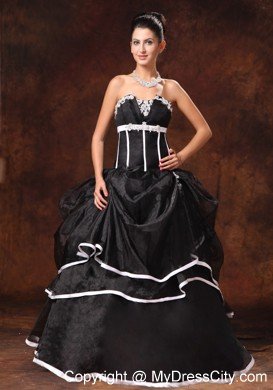 Appliques Strapless Pick Ups Black Prom Gown Dress with White Hem