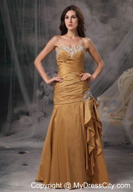 Pretty Sweetheart Appliques Ruching Gold Formal Prom Dresses