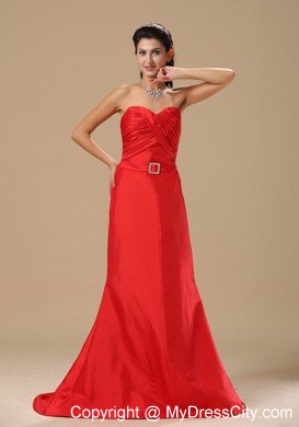 Simple Sweetheart Ruching Brush Train Red Formal Prom Dresses