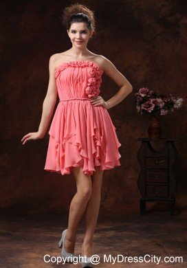 Flowers Ruching Strapless Chiffon Watermelon Short Prom Party Dress