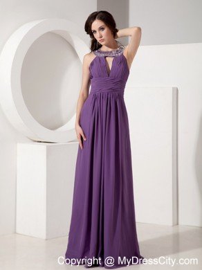 Scoop Neck Ruched Empire Purple Chiffon Prom Dresses with Rhinestones