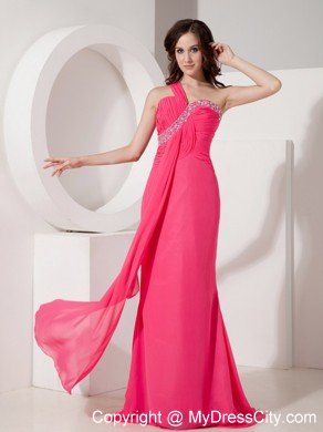 Hot Pink One Shoulder Column Beaded Chiffon Ruching Prom Dresses