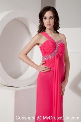 Hot Pink One Shoulder Column Beaded Chiffon Ruching Prom Dresses