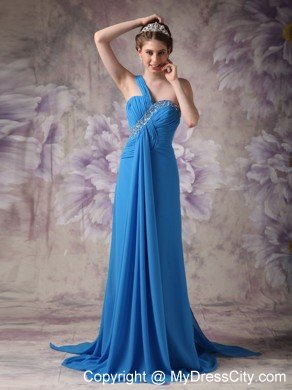 One Shoulder Beaded Ruching Chiffon Blue 2013 Prom Dresses