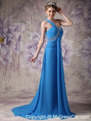 One Shoulder Beaded Ruching Chiffon Blue 2013 Prom Dresses