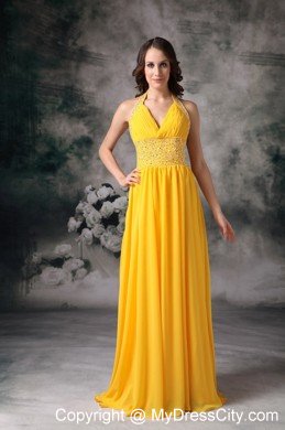 Beaded Halter Top Ruching Empire Chiffon Yellow Prom Dresses