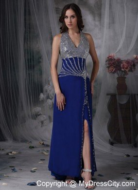 High Slit Halter Beaded Ankle Length Blue Prom Dresses for Ladies