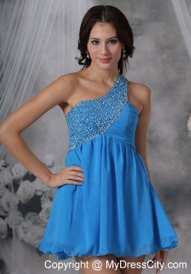 One Shoulder Beaded Chiffon Blue 2013 Short Prom Dresses for Girls