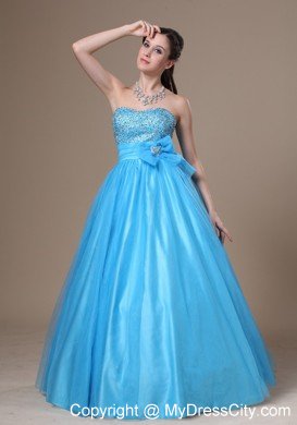 Beaded Strapless A-line Aqua Blue Prom Gowns with Brooch Bowknot