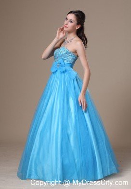 Beaded Strapless A-line Aqua Blue Prom Gowns with Brooch Bowknot