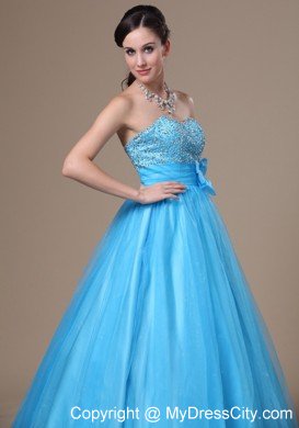Beaded Strapless A-line Aqua Blue Prom Gowns with Brooch Bowknot