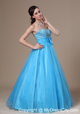 Beaded Strapless A-line Aqua Blue Prom Gowns with Brooch Bowknot