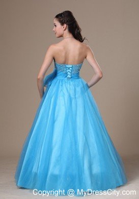 Beaded Strapless A-line Aqua Blue Prom Gowns with Brooch Bowknot