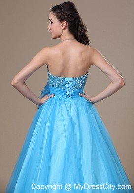 Beaded Strapless A-line Aqua Blue Prom Gowns with Brooch Bowknot