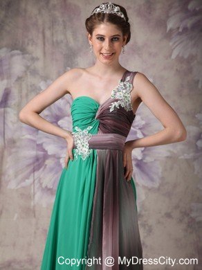Pretty Appliques With Beading One Shoulder Ruching Chiffon Prom Dresses