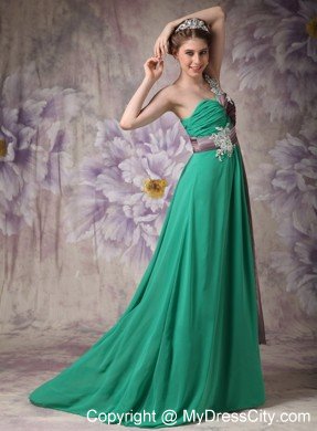Pretty Appliques With Beading One Shoulder Ruching Chiffon Prom Dresses