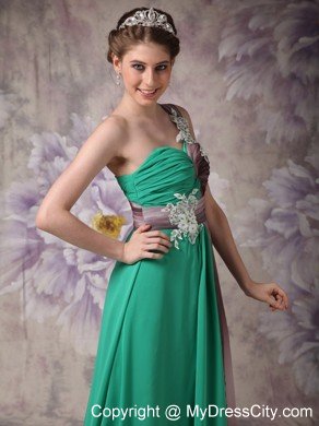 Pretty Appliques With Beading One Shoulder Ruching Chiffon Prom Dresses