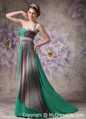 Pretty Appliques With Beading One Shoulder Ruching Chiffon Prom Dresses