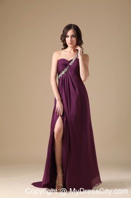 High Slit One Shoulder Beaded Dark Purple Prom Dresses with Cool Back