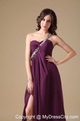 High Slit One Shoulder Beaded Dark Purple Prom Dresses with Cool Back