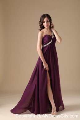 High Slit One Shoulder Beaded Dark Purple Prom Dresses with Cool Back