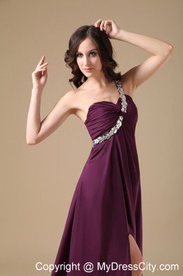 High Slit One Shoulder Beaded Dark Purple Prom Dresses with Cool Back