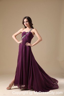 High Slit One Shoulder Beaded Dark Purple Prom Dresses with Cool Back