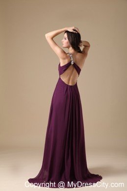 High Slit One Shoulder Beaded Dark Purple Prom Dresses with Cool Back