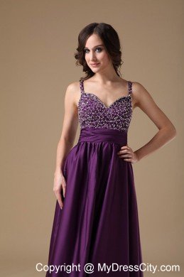 Hottest Style Beaded Spaghetti Straps Ruching Dark Purple Prom Dress