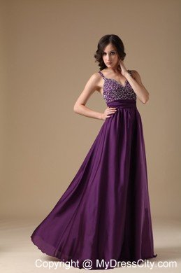 Hottest Style Beaded Spaghetti Straps Ruching Dark Purple Prom Dress