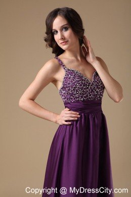 Hottest Style Beaded Spaghetti Straps Ruching Dark Purple Prom Dress