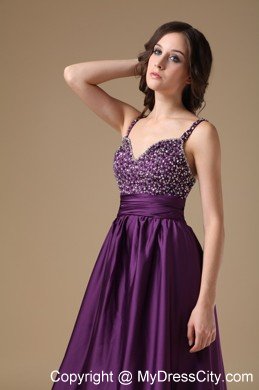 Hottest Style Beaded Spaghetti Straps Ruching Dark Purple Prom Dress