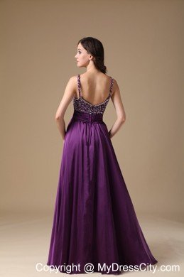 Hottest Style Beaded Spaghetti Straps Ruching Dark Purple Prom Dress