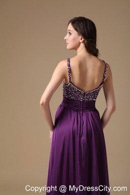 Hottest Style Beaded Spaghetti Straps Ruching Dark Purple Prom Dress