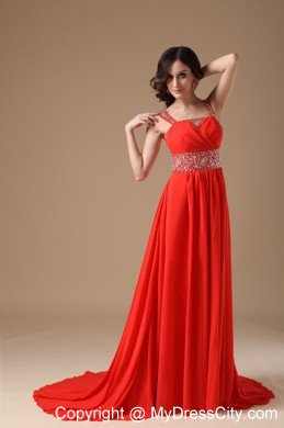 Straps Beaded Ruching Court Train Chiffon Red Prom Evening Dress