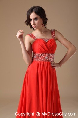 Straps Beaded Ruching Court Train Chiffon Red Prom Evening Dress