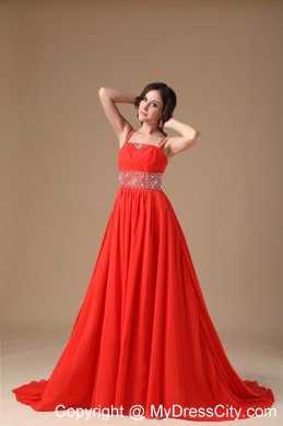 Straps Beaded Ruching Court Train Chiffon Red Prom Evening Dress