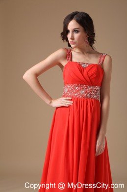 Straps Beaded Ruching Court Train Chiffon Red Prom Evening Dress