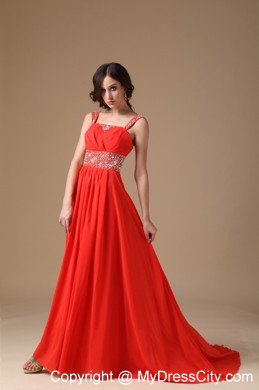 Straps Beaded Ruching Court Train Chiffon Red Prom Evening Dress