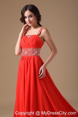 Straps Beaded Ruching Court Train Chiffon Red Prom Evening Dress